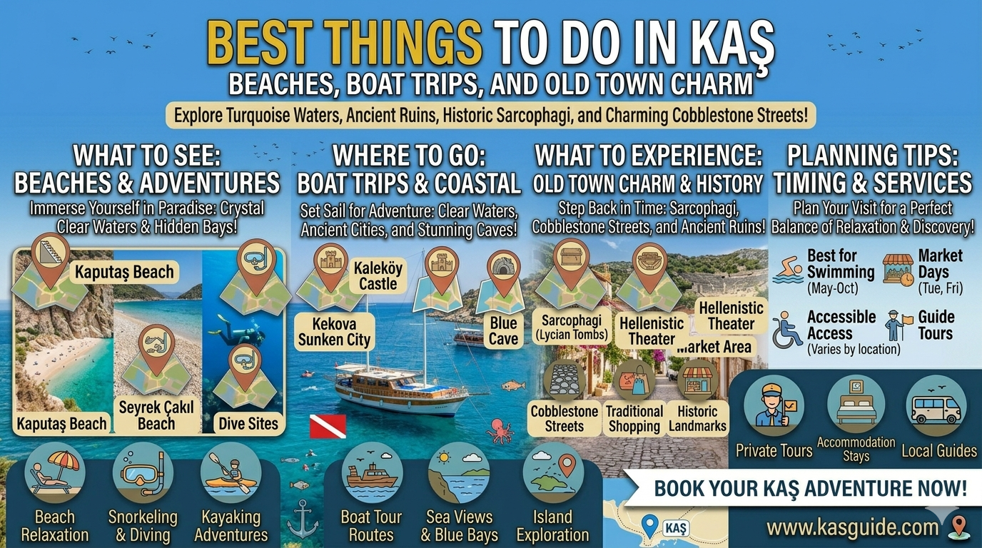 Best things to do in Kaş Turkey including boat tours beaches diving and sightseeing